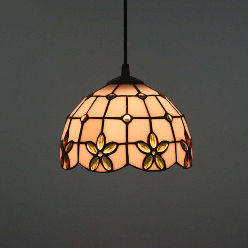 White Glass Tiffany Lattice Pendant Light With Jeweled Flower Detail - Hanging Lighting Kit For