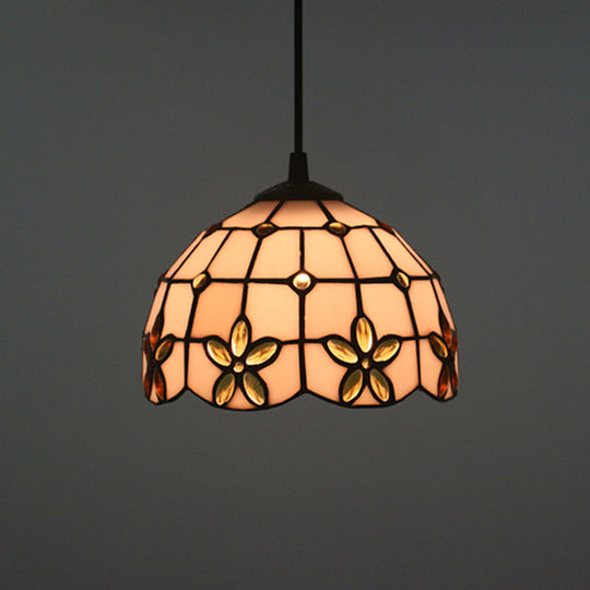 White Glass Tiffany Lattice Pendant Light With Jeweled Flower Detail - Hanging Lighting Kit For