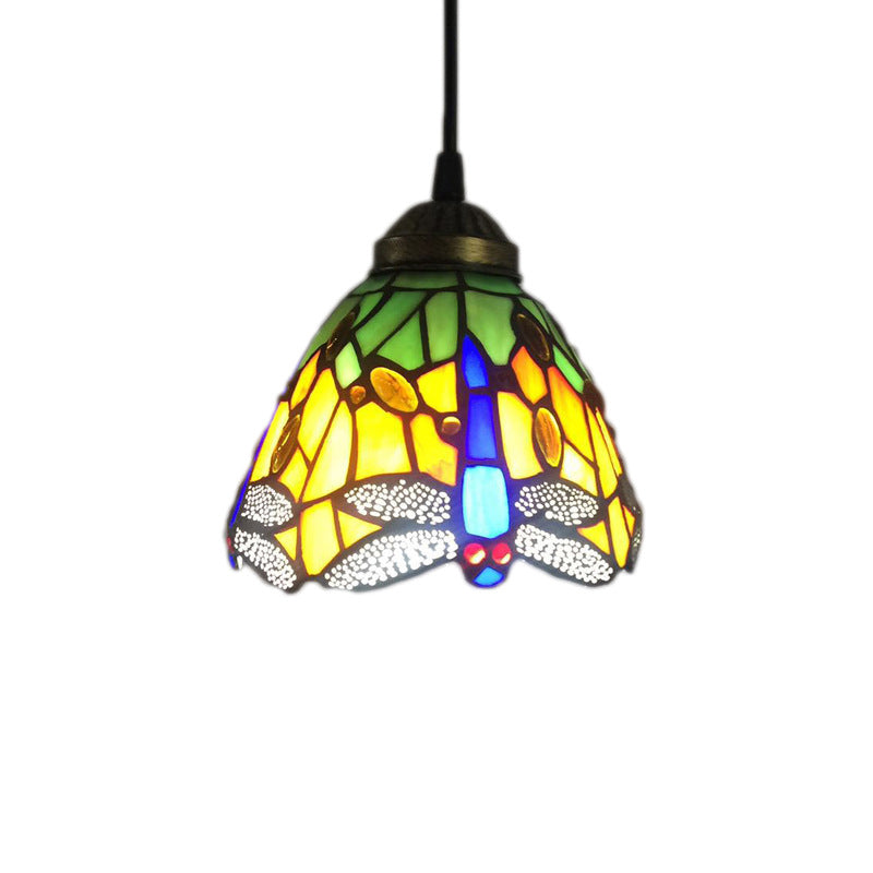 Baroque Bell Stained Glass Pendant Light: Dragonfly Pattern 1-Bulb Drop Lamp