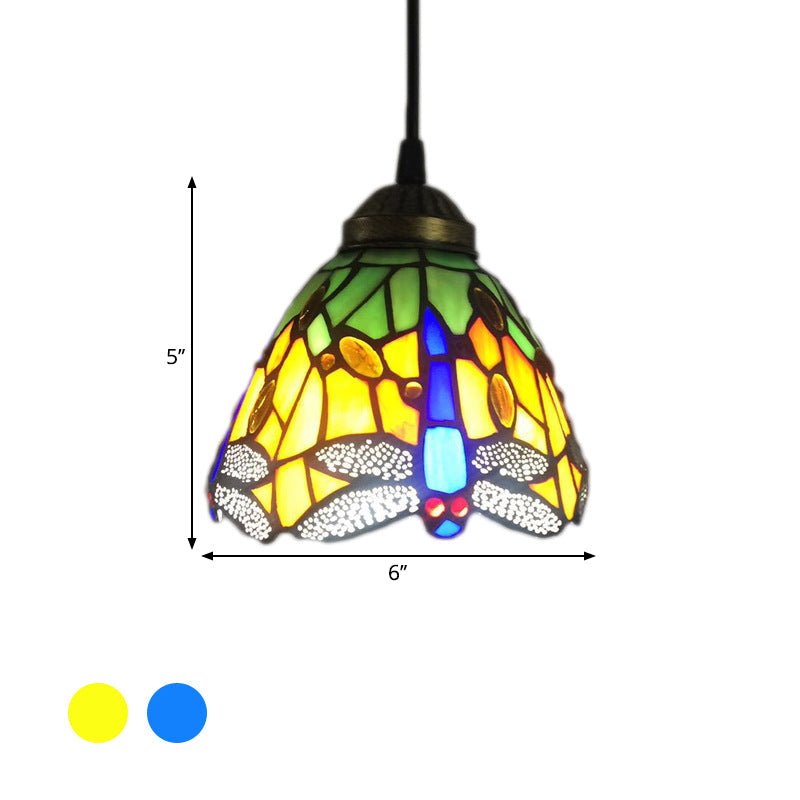 Baroque Bell Stained Glass Pendant Light: Dragonfly Pattern 1-Bulb Drop Lamp