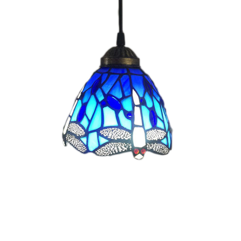 Baroque Bell Stained Glass Pendant Light: Dragonfly Pattern 1-Bulb Drop Lamp