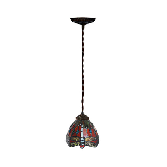 Tiffany Red Dragonfly Patterned Hanging Light With Stained Glass Shade - Dining Room Pendant Lamp