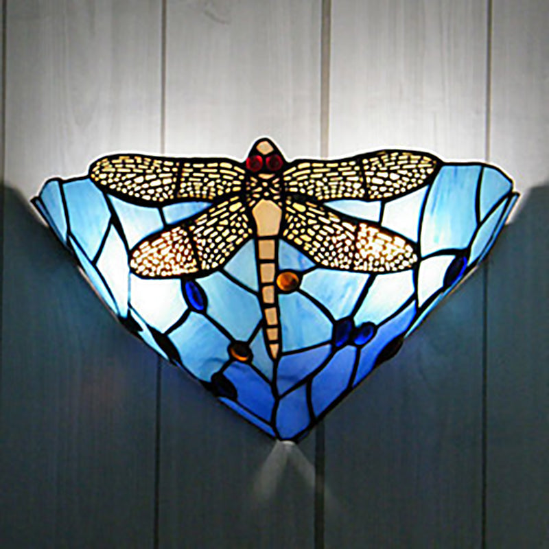 Tiffany Dragonfly Patterned Glass Wall Sconce With Cone Cut Mount