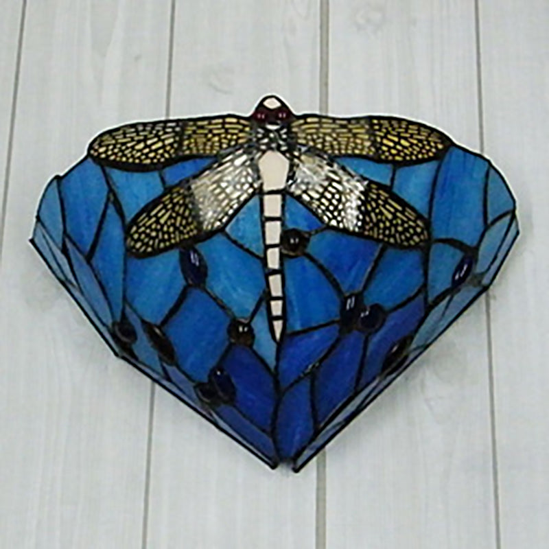 Tiffany Dragonfly Patterned Glass Wall Sconce With Cone Cut Mount