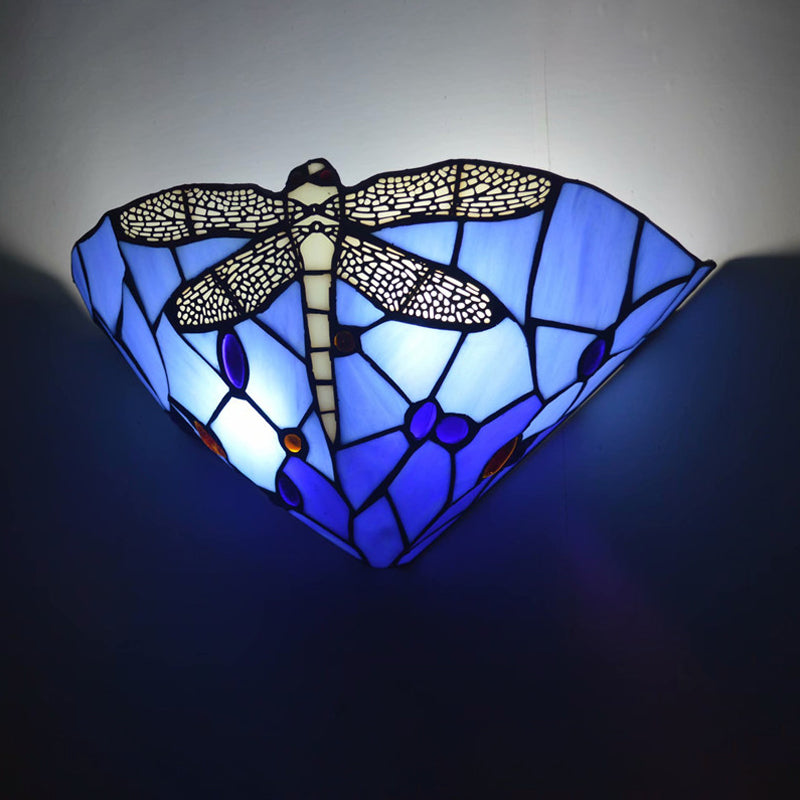 Tiffany Dragonfly Patterned Glass Wall Sconce With Cone Cut Mount