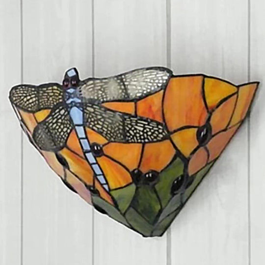 Tiffany Dragonfly Patterned Glass Wall Sconce With Cone Cut Mount