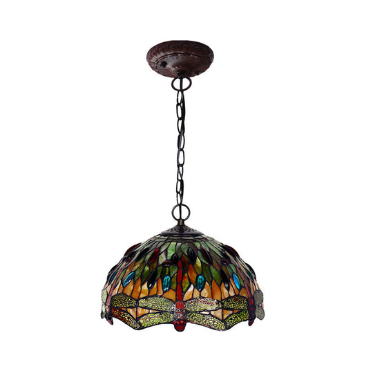 Dragonfly Stained Glass Bowl Pendant Light - Green Mediterranean Hanging Lamp Kit