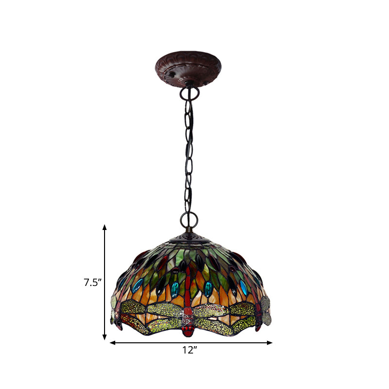 Dragonfly Stained Glass Bowl Pendant Light - Green Mediterranean Hanging Lamp Kit