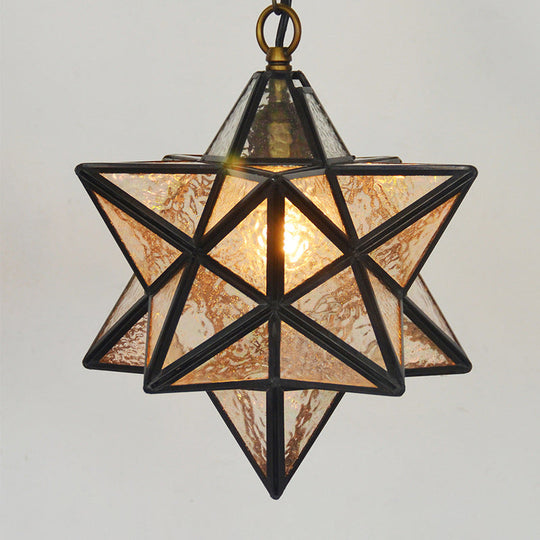 Mission Clear Ripple Glass Star Pendant Light for Dining Room - 1-Light Black Drop Lamp