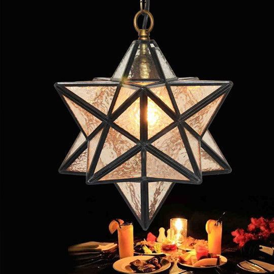 Mission Clear Ripple Glass Star Pendant Light for Dining Room - 1-Light Black Drop Lamp