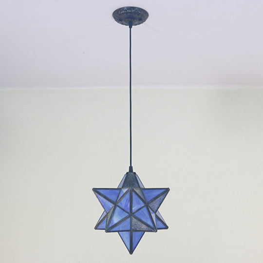 Tiffany Star Shade Pendant Lamp: Stained Glass Suspension Lighting For Bedroom Blue