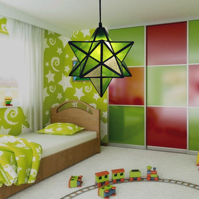 Tiffany Star Shade Pendant Lamp: Stained Glass Suspension Lighting For Bedroom Green