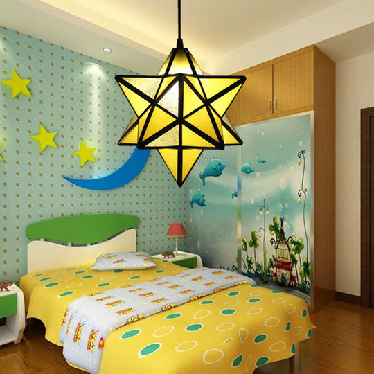 Tiffany Star Shade Pendant Lamp: Stained Glass Suspension Lighting For Bedroom Yellow