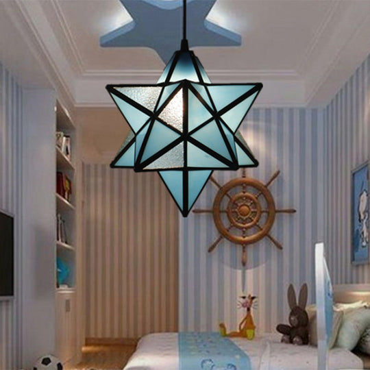 Tiffany Star Shade Pendant Lamp: Stained Glass Suspension Lighting For Bedroom Sky Blue