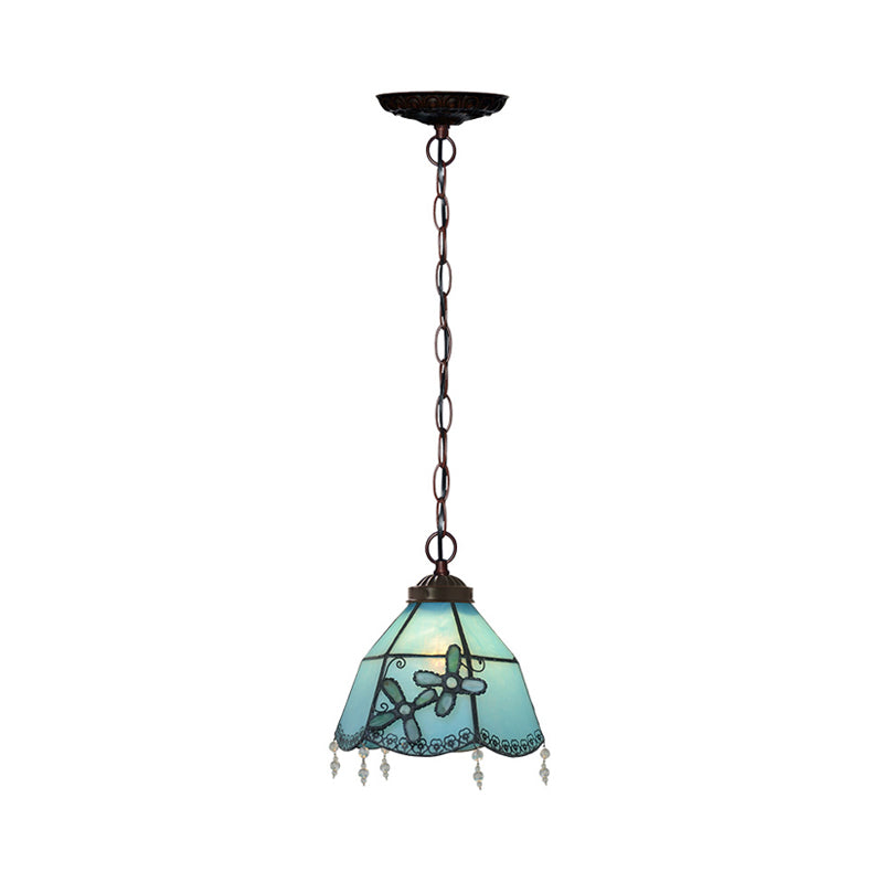 Blue Glass Pendant Lamp With Beaded Trim - Mission Bell Hanging Light