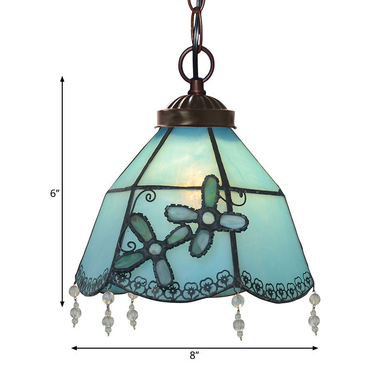 Blue Glass Pendant Lamp With Beaded Trim - Mission Bell Hanging Light