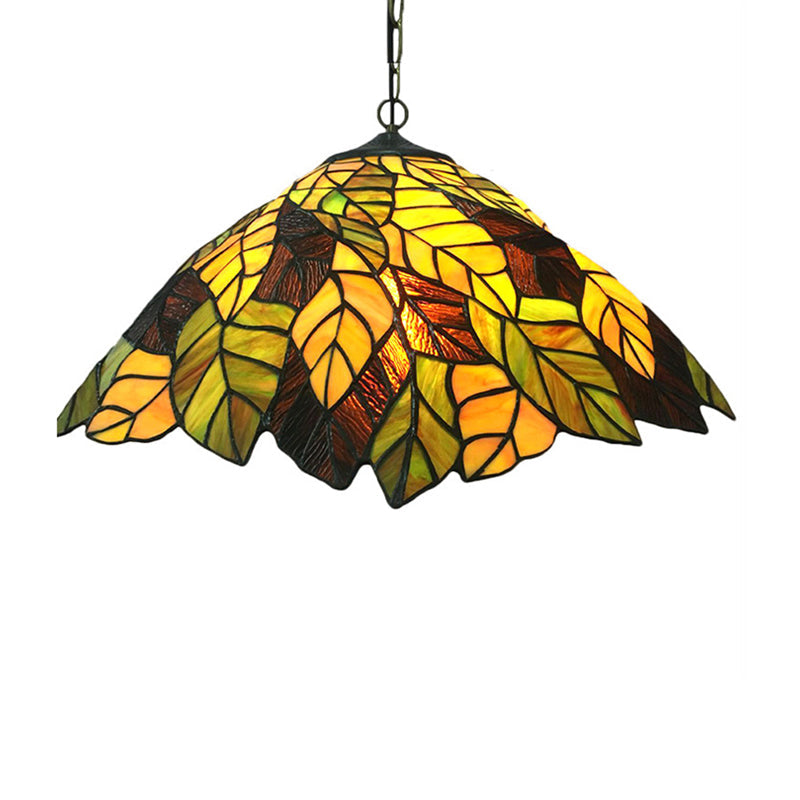 Yellow Cone Drop Pendant - Stained Glass Ceiling Light with Leaf Pattern