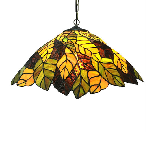 Yellow Cone Drop Pendant Ceiling Light: Art Glass With Leaf Pattern