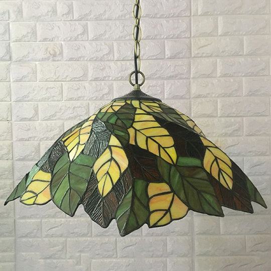 Yellow Cone Drop Pendant Ceiling Light: Art Glass With Leaf Pattern