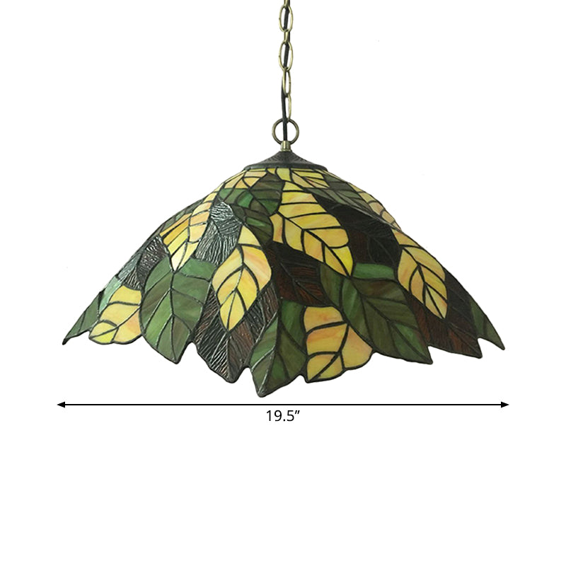 Yellow Cone Drop Pendant - Stained Glass Ceiling Light with Leaf Pattern