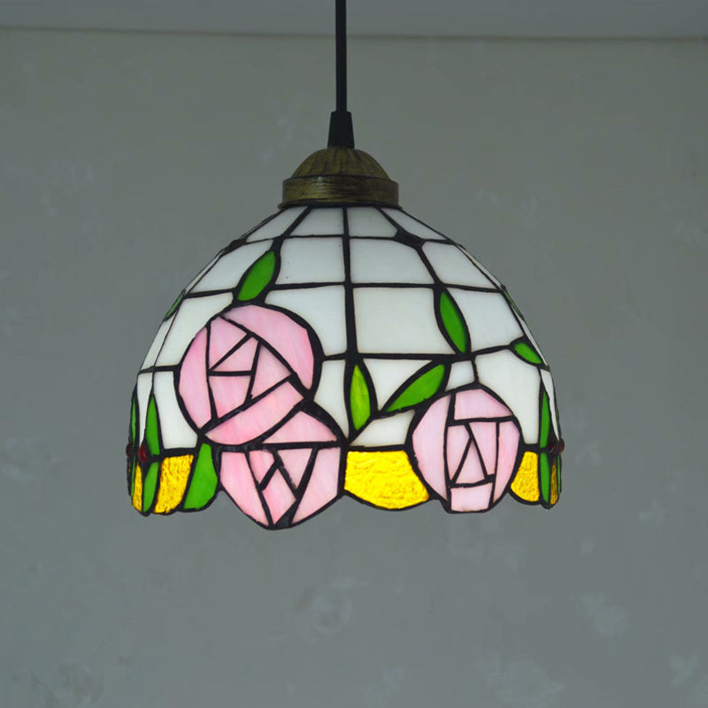 White Cut Glass Ceiling Hang Fixture - Domed Mediterranean Suspension Lighting with Rose Pattern and 1 Light