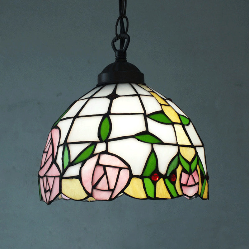 White Cut Glass Ceiling Hang Fixture - Domed Mediterranean Suspension Lighting with Rose Pattern and 1 Light