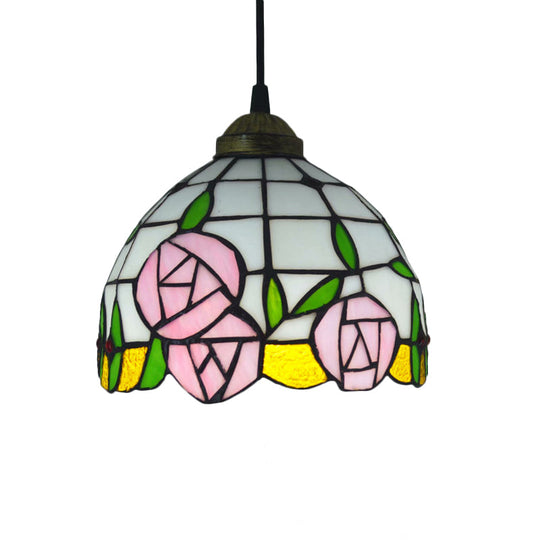 White Cut Glass Ceiling Hang Fixture - Domed Mediterranean Suspension Lighting with Rose Pattern and 1 Light