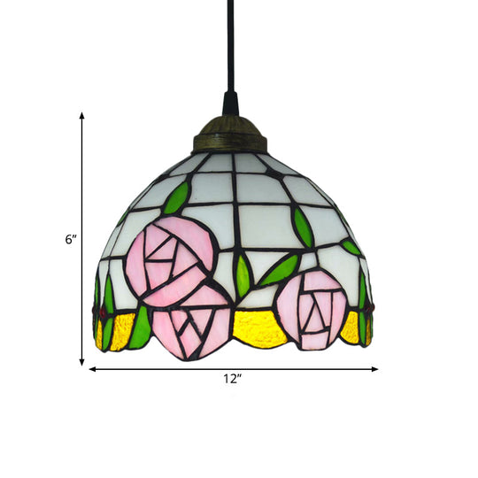 White Cut Glass Ceiling Hang Fixture - Domed Mediterranean Suspension Lighting with Rose Pattern and 1 Light