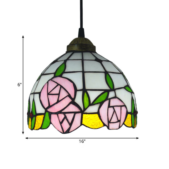 White Cut Glass Ceiling Hang Fixture - Domed Mediterranean Suspension Lighting with Rose Pattern and 1 Light