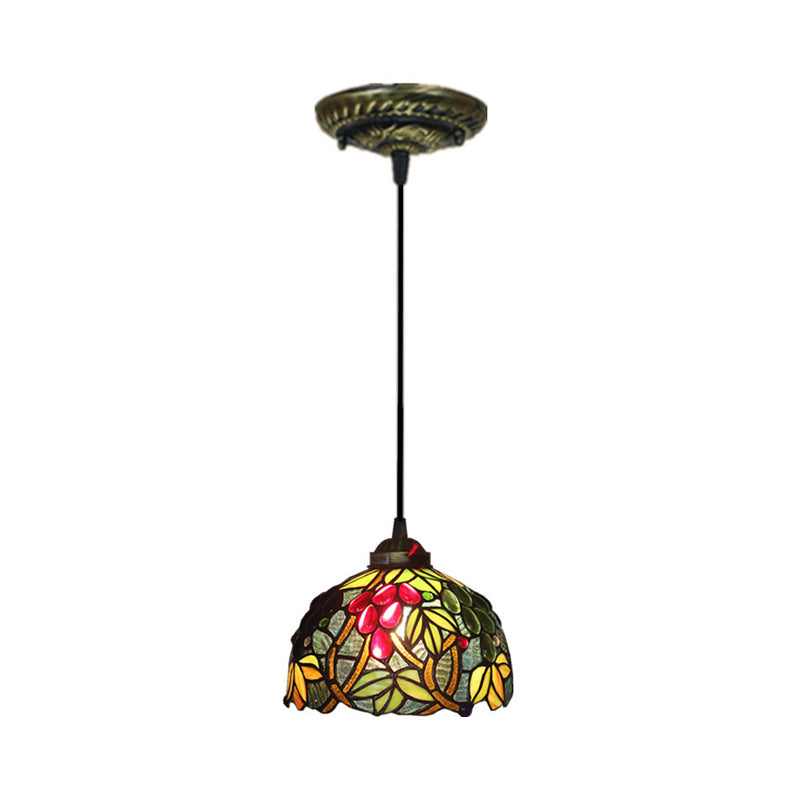 Victorian Hanging Light Fixture - Green Stained Glass Barrel Pendant with Grapevine Pattern