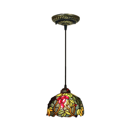 Victorian Pendant Lighting: Green Stained Glass Hanging Barrel Fixture With Grapevine Pattern