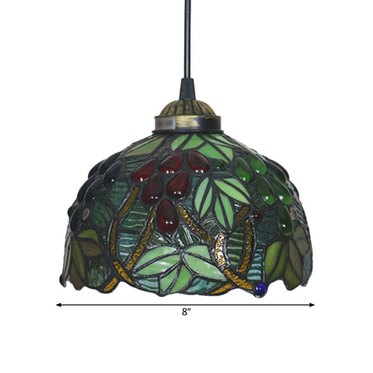 Victorian Hanging Light Fixture - Green Stained Glass Barrel Pendant with Grapevine Pattern