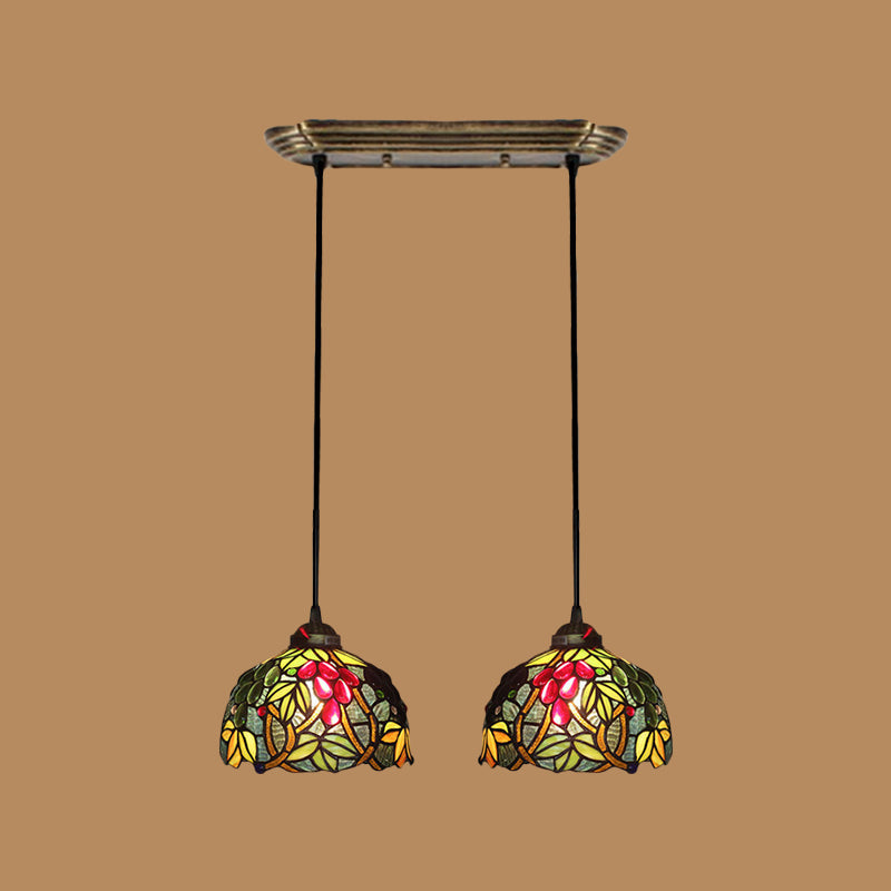 Victorian Pendant Lighting: Green Stained Glass Hanging Barrel Fixture With Grapevine Pattern