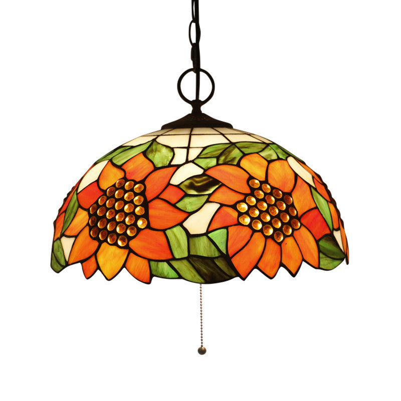 Black Baroque Stained Glass Chandelier Pendant Light Kit - 3-Bulb Domed Design With Petal Pattern /