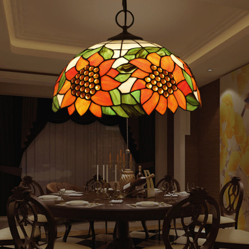 Baroque Style Black Stained Glass Chandelier Pendant Light with 3 Bulbs and Petal Pattern