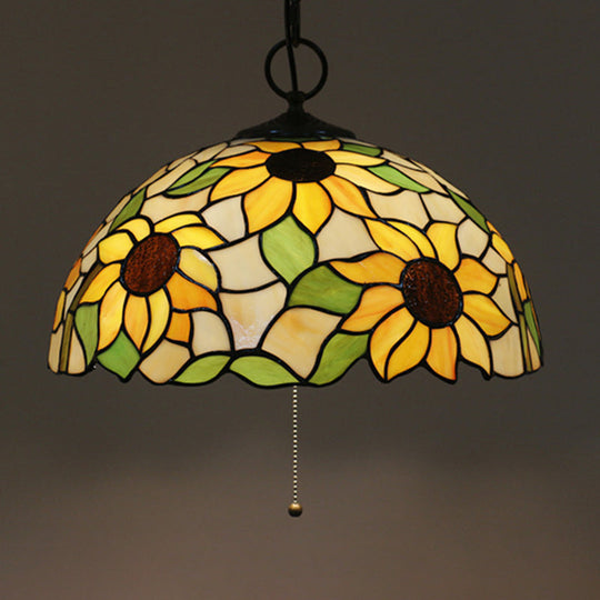 Black Baroque Stained Glass Chandelier Pendant Light Kit - 3-Bulb Domed Design With Petal Pattern /