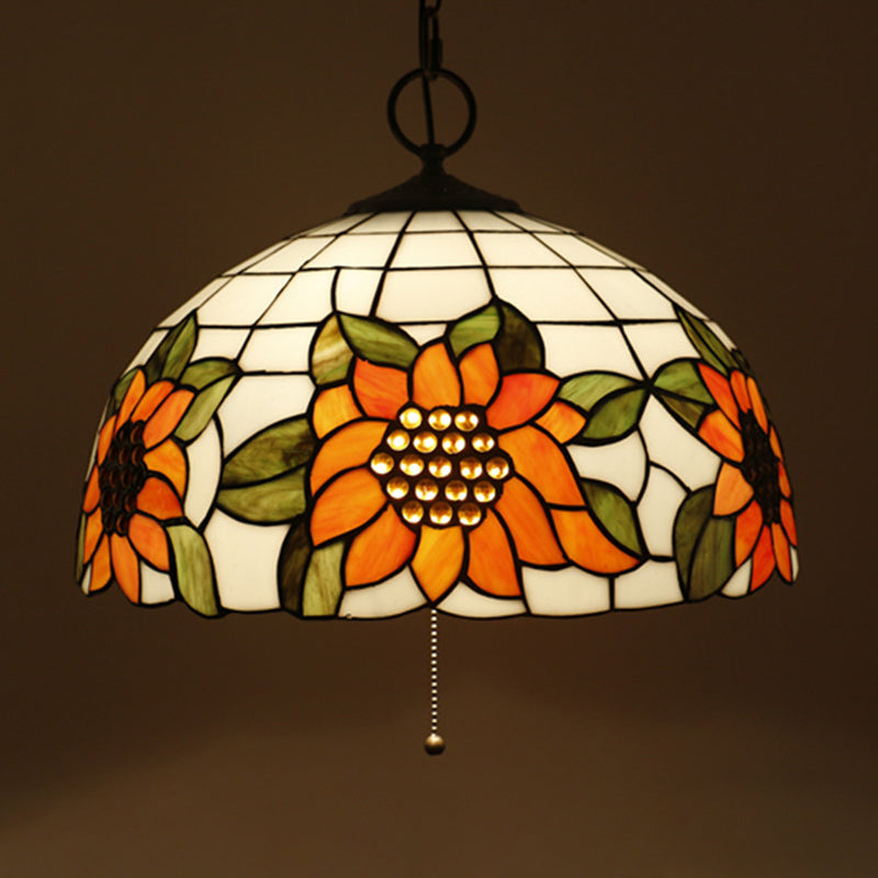 Black Baroque Stained Glass Chandelier Pendant Light Kit - 3-Bulb Domed Design With Petal Pattern /