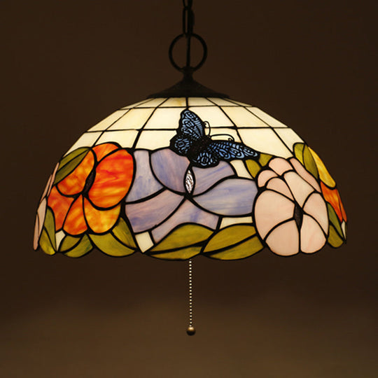 Black Baroque Stained Glass Chandelier Pendant Light Kit - 3-Bulb Domed Design With Petal Pattern /