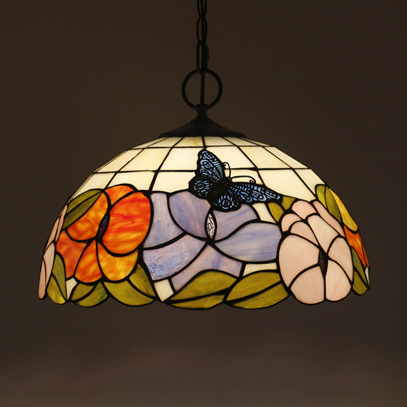 Black Baroque Stained Glass Chandelier Pendant Light Kit - 3-Bulb Domed Design With Petal Pattern /