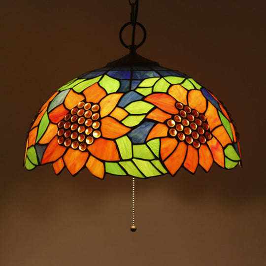 Black Baroque Stained Glass Chandelier Pendant Light Kit - 3-Bulb Domed Design With Petal Pattern /