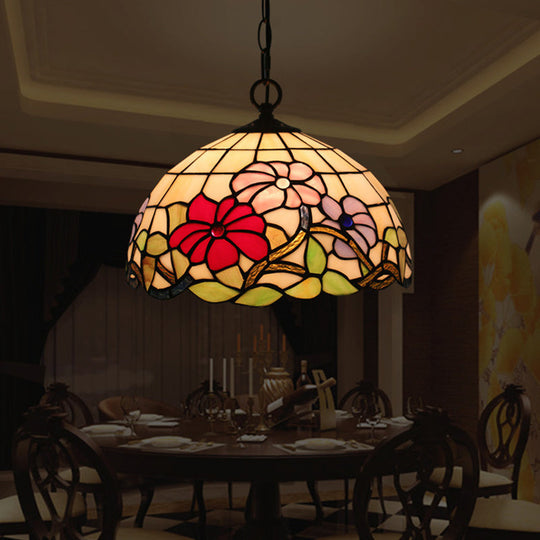 Tiffany Style Black Floral Drop Pendant Light For Dining Room With Handcrafted Glass Shade / A