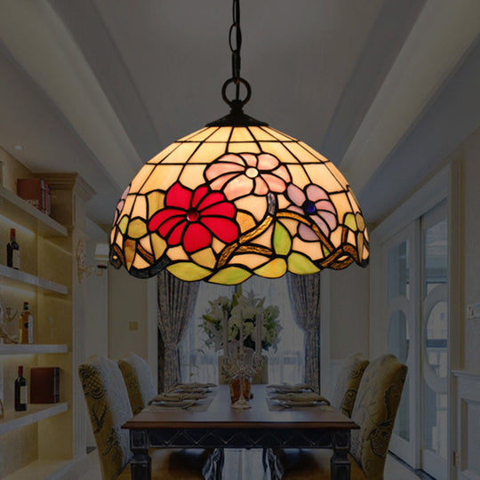 Tiffany Black Floral Patterned Pendant Light Kit with Hand Cut Glass Shade for Dining Room