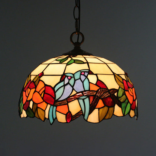 Tiffany Style Black Floral Drop Pendant Light For Dining Room With Handcrafted Glass Shade / B