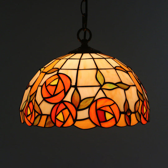 Tiffany Style Black Floral Drop Pendant Light For Dining Room With Handcrafted Glass Shade / C