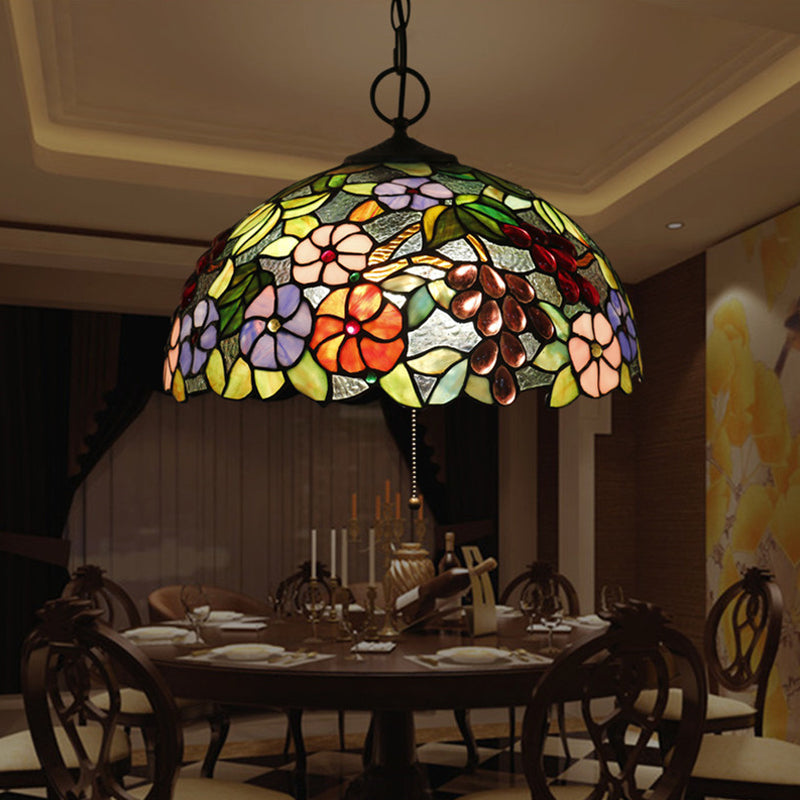 Artisan Glass Chandelier With Plant Pattern - Hand-Crafted Dome Design 3 Lights Black Mediterranean