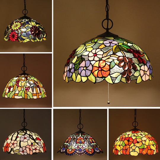 Artisan Glass Chandelier With Plant Pattern - Hand-Crafted Dome Design 3 Lights Black Mediterranean