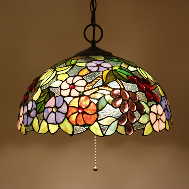 Artisan Glass Chandelier With Plant Pattern - Hand-Crafted Dome Design 3 Lights Black Mediterranean