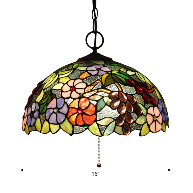 Artisan Glass Chandelier With Plant Pattern - Hand-Crafted Dome Design 3 Lights Black Mediterranean