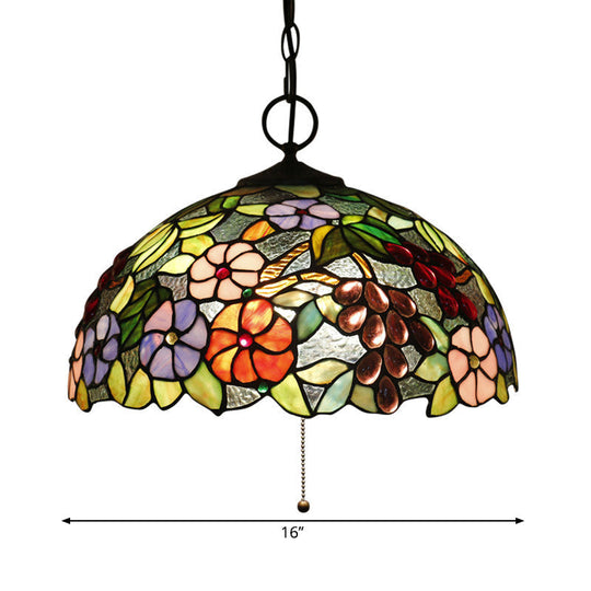 Artisan Glass Chandelier With Plant Pattern - Hand-Crafted Dome Design 3 Lights Black Mediterranean