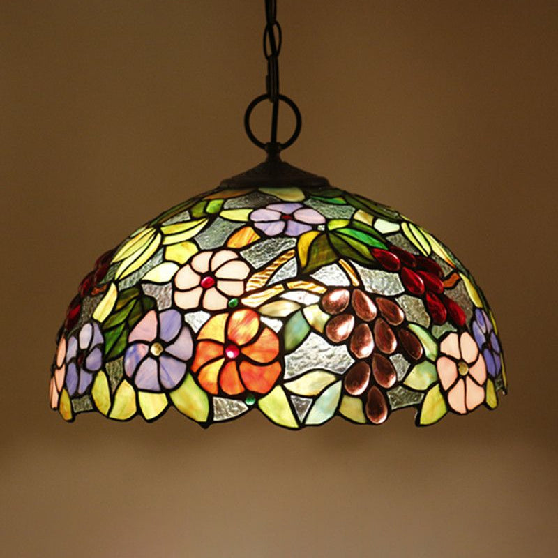 Artisan Glass Chandelier With Plant Pattern - Hand-Crafted Dome Design 3 Lights Black Mediterranean